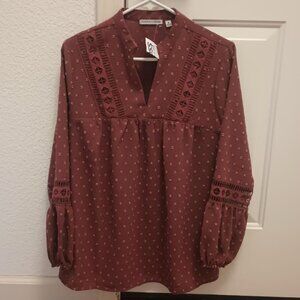 NOTATIONS WOMEN'S TOP LONG SLEEVE TEXTURED CROCHET TRIM BOHO PEASANT NWT SIZE M